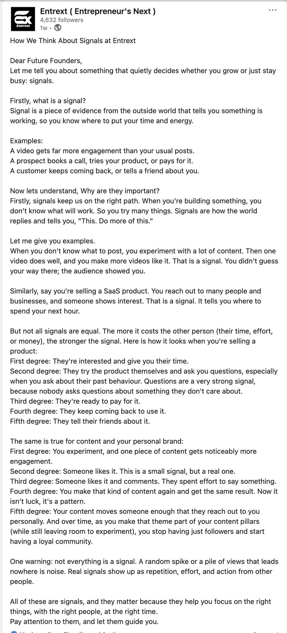 LinkedIn post by Entrext: how we think about signals, the evidence that tells you something is working.