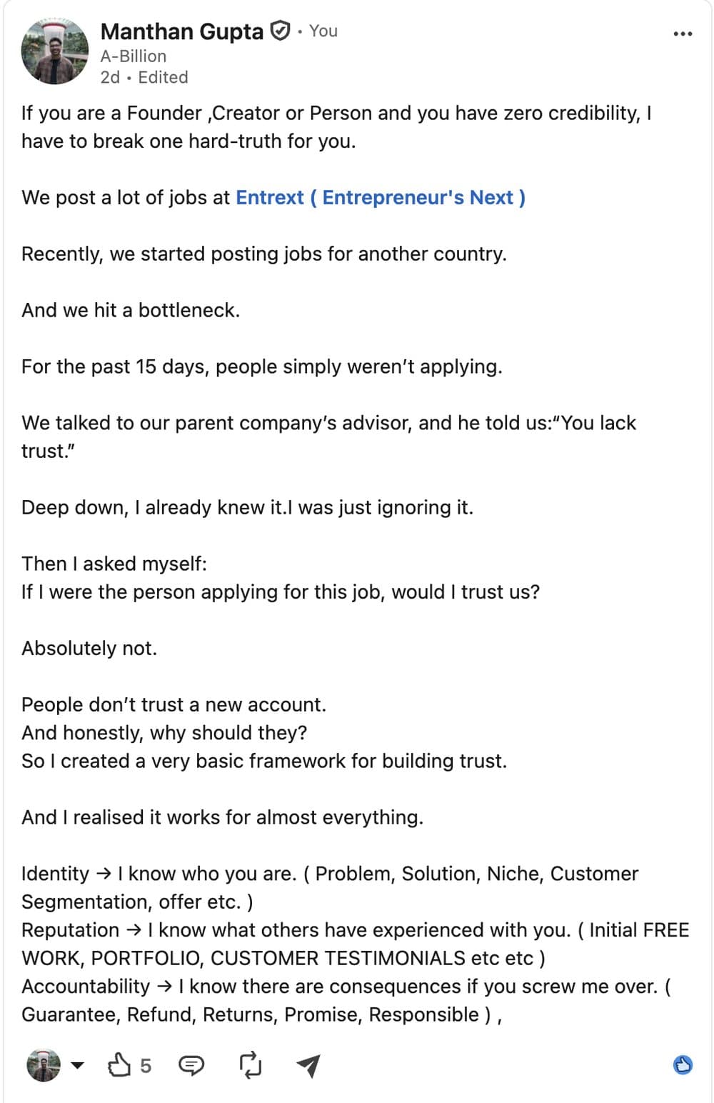 LinkedIn post by Manthan Gupta on building trust: identity, reputation and accountability.