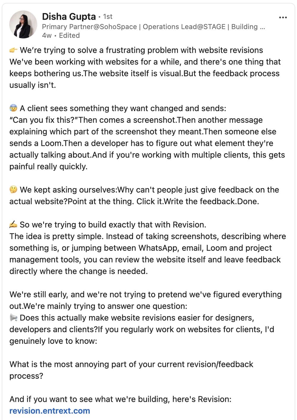 LinkedIn post by Disha Gupta introducing Revision, a tool for giving feedback directly on a live website.