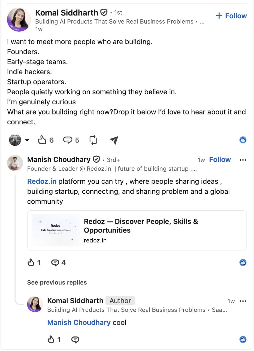 LinkedIn post by Komal Siddharth asking founders and indie hackers what they are building, with replies.