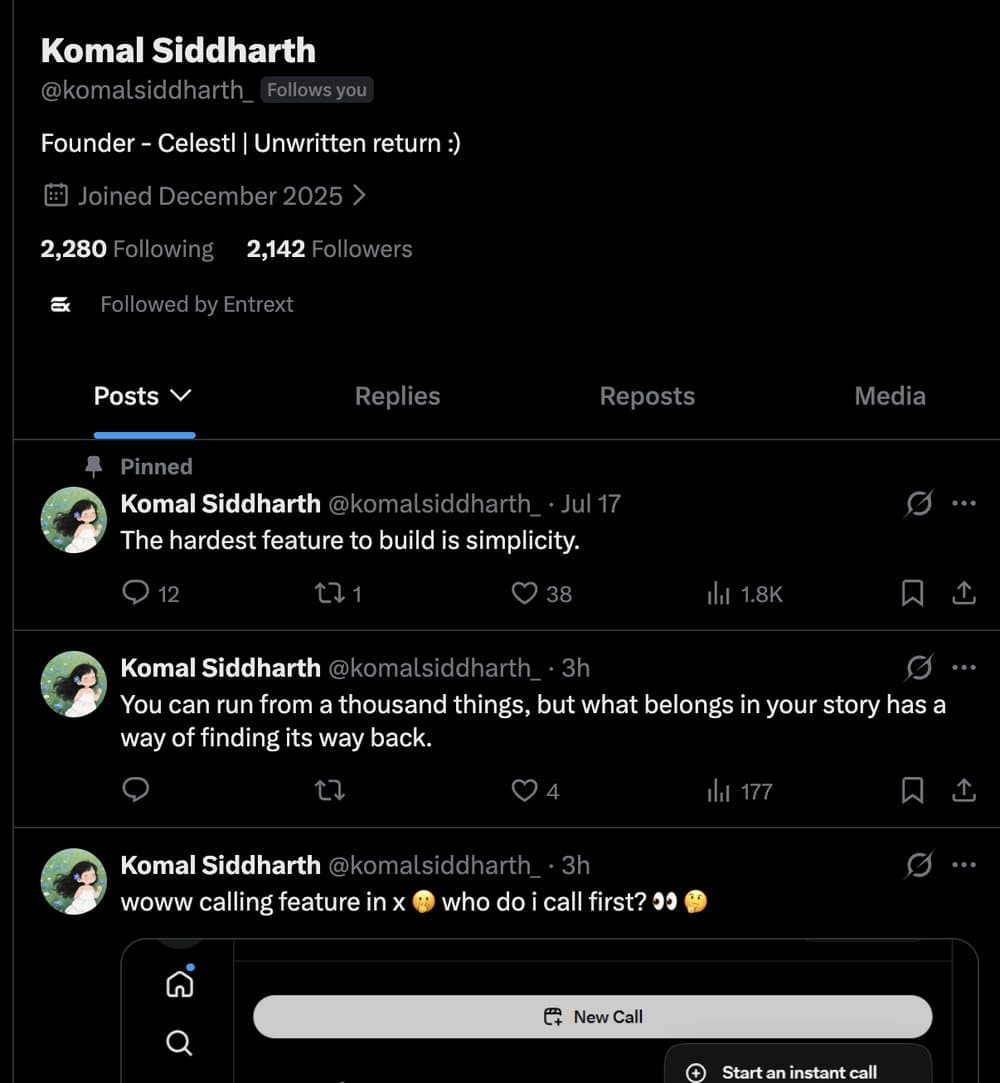 X profile of Komal Siddharth with posts about building products.