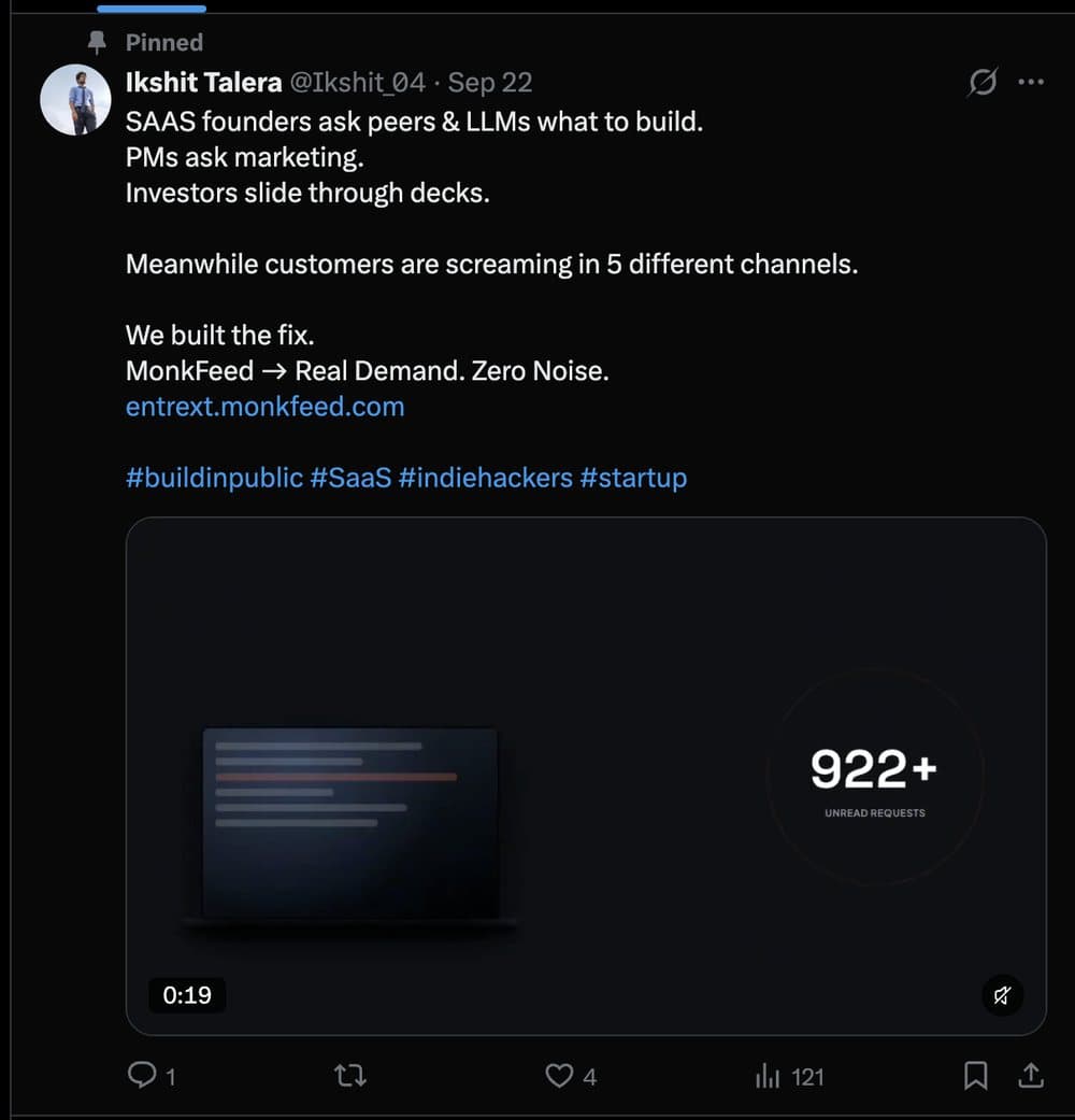X post by Ikshit Talera launching MonkFeed, with a product video showing 922+ unread requests.