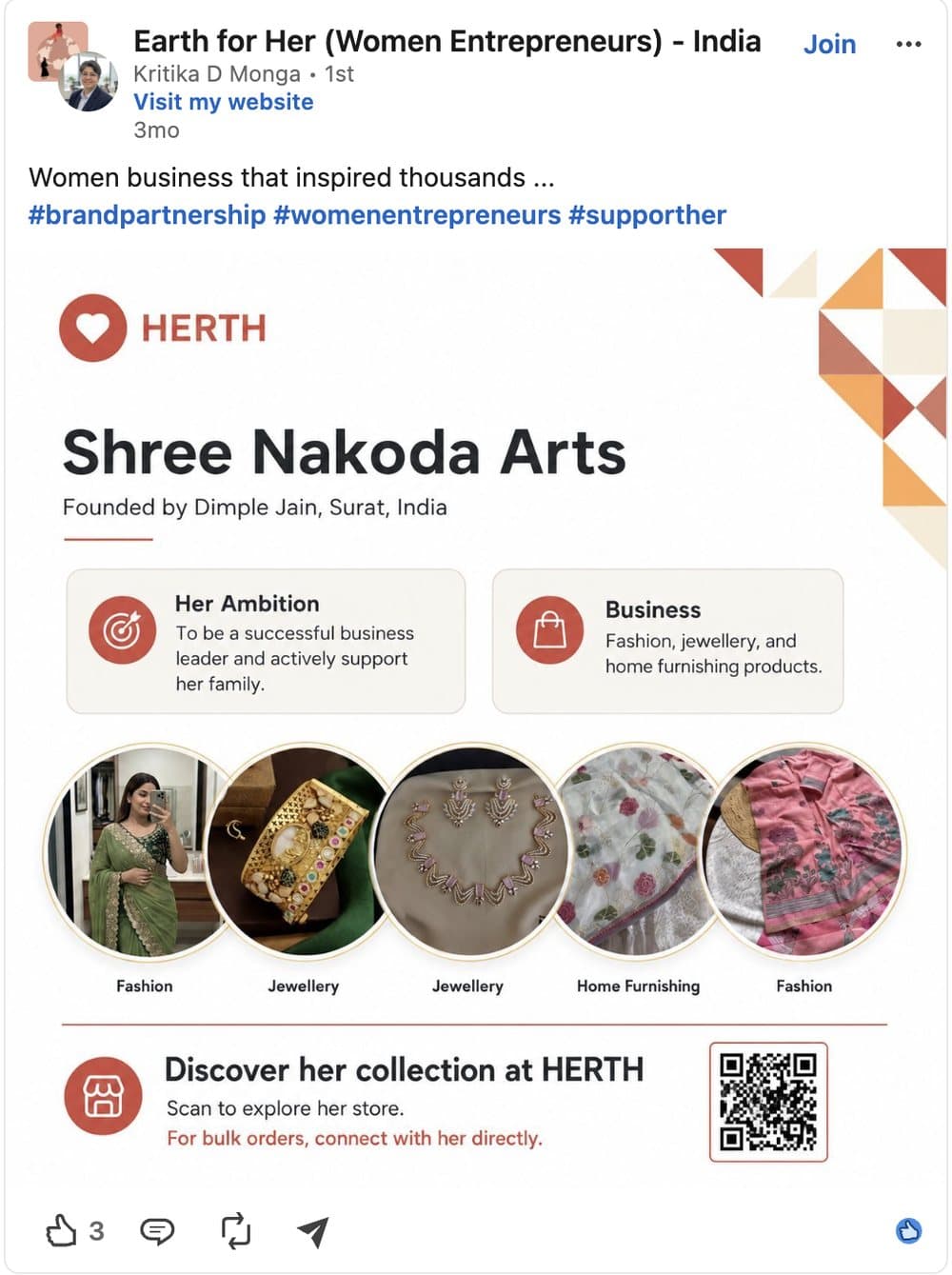 LinkedIn post by Kritika D Monga featuring Shree Nakoda Arts on Herth, a women entrepreneur community.