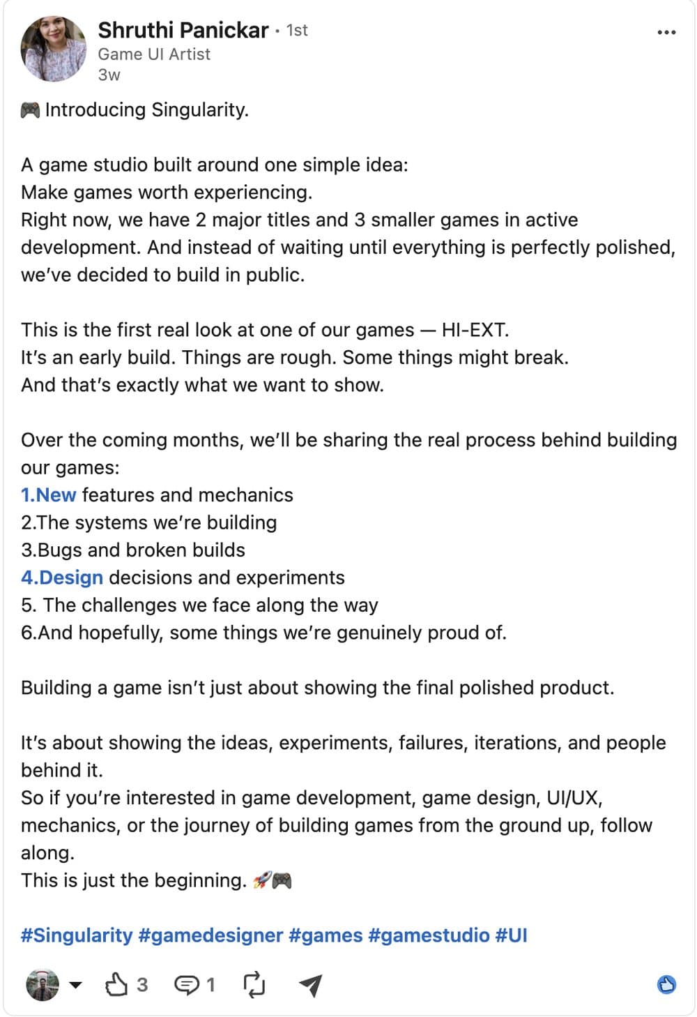 LinkedIn post by Shruthi Panickar introducing Singularity, a game studio building in public.